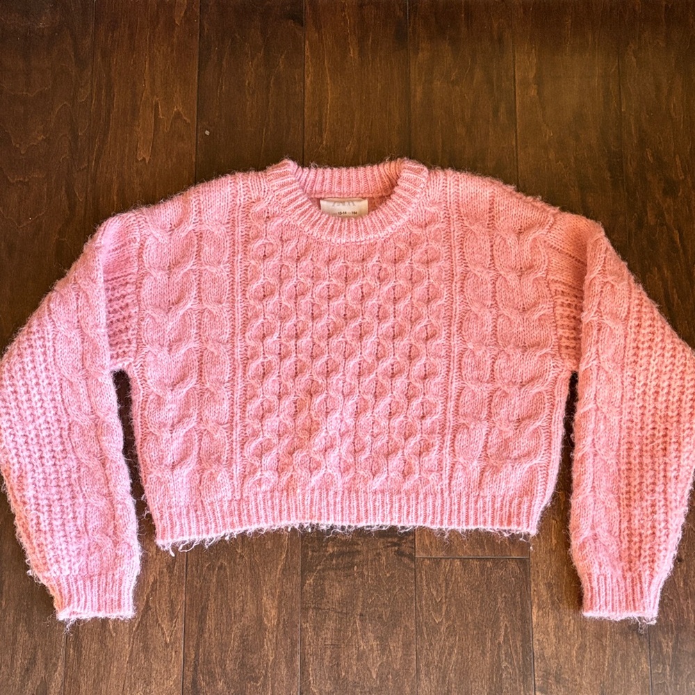 Girls Zara Soft Pink Cable Crewneck Cropped Sweater